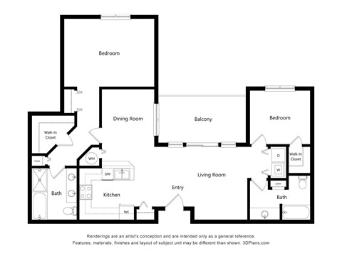 Floor plan for 2 beds, 2 baths, 1122 sqft